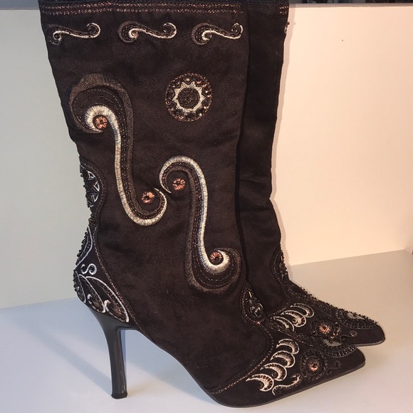 Beautiful Brown Embroidered Knee High Boot - Picture 3 of 8